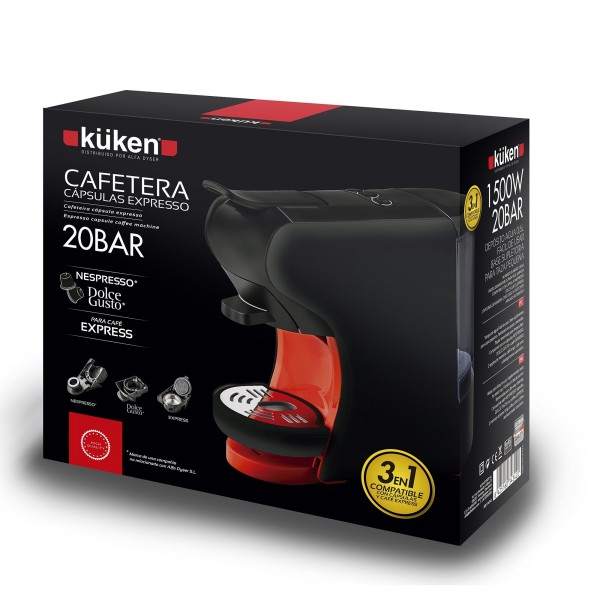 Cafetera de cápsulas 3 en 1 Küken Compatible con cápsulas nespresso, dolce gusto y función expresso con café molido.